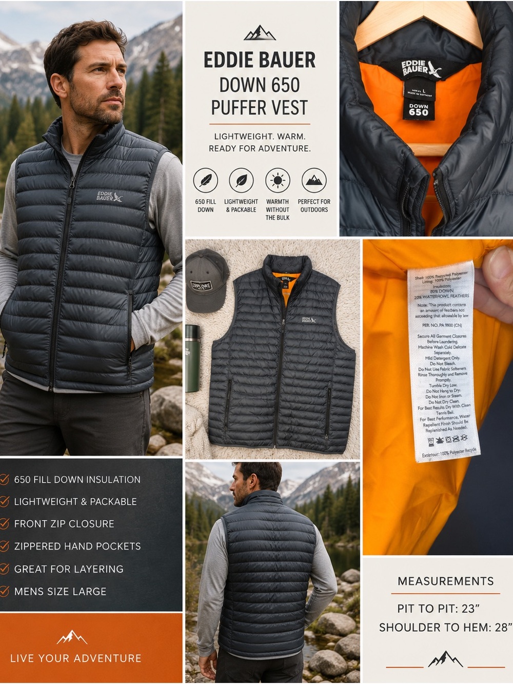 Eddie Bauer Charcoal Puffer Vest with Orange Lining